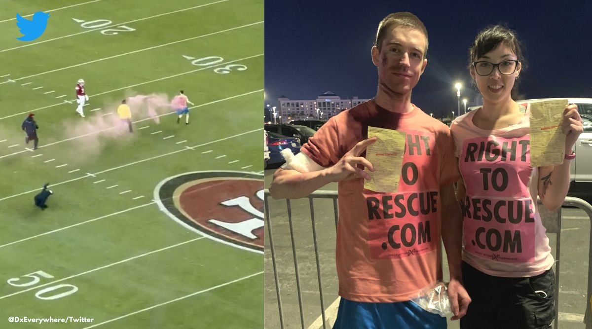 Bobby Wagner trucks protestor carrying pink flare during Rams-49ers game