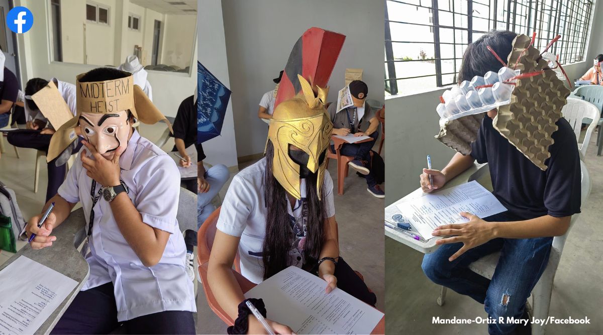 Anti cheating hats Philippines college, Bicol University College of Engineering in Philippines, students make funny anti cheating headgear for exams, viral anti cheating hats Philippines, students show up in funny anti cheating hats for exam, indian express