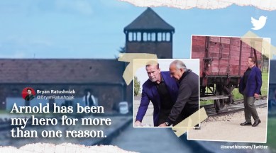 Arnold Schwarzenegger, Arnold Schwarzenegger visits Auschwitz, Arnold Schwarzenegger father Nazi, Anti-Semitism viral video, son of nazi soldier meets son of holocaust survivors, indian express
