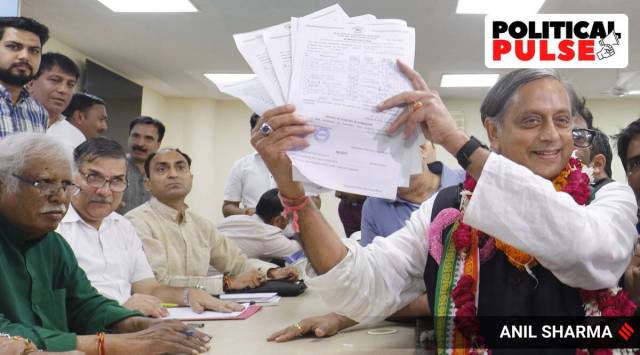 Congress MP Shashi Tharoor files his nomination papers for the post of party president, at AICC headquarters in New Delhi, September 30, 2022. (Express photo by Anil Sharma)
