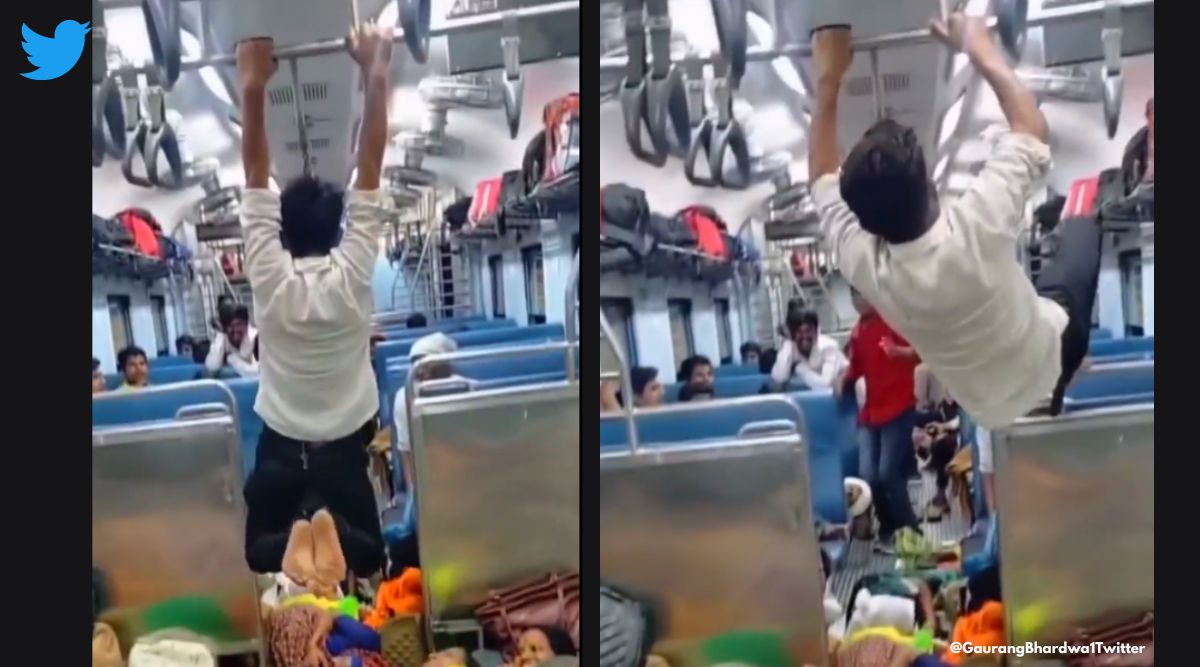 Man bar climbs over train, Man climbs over a group of people in train, Indian railways viral videos, man leaps over commuters in Indian railways, Indian Railways, Indian express