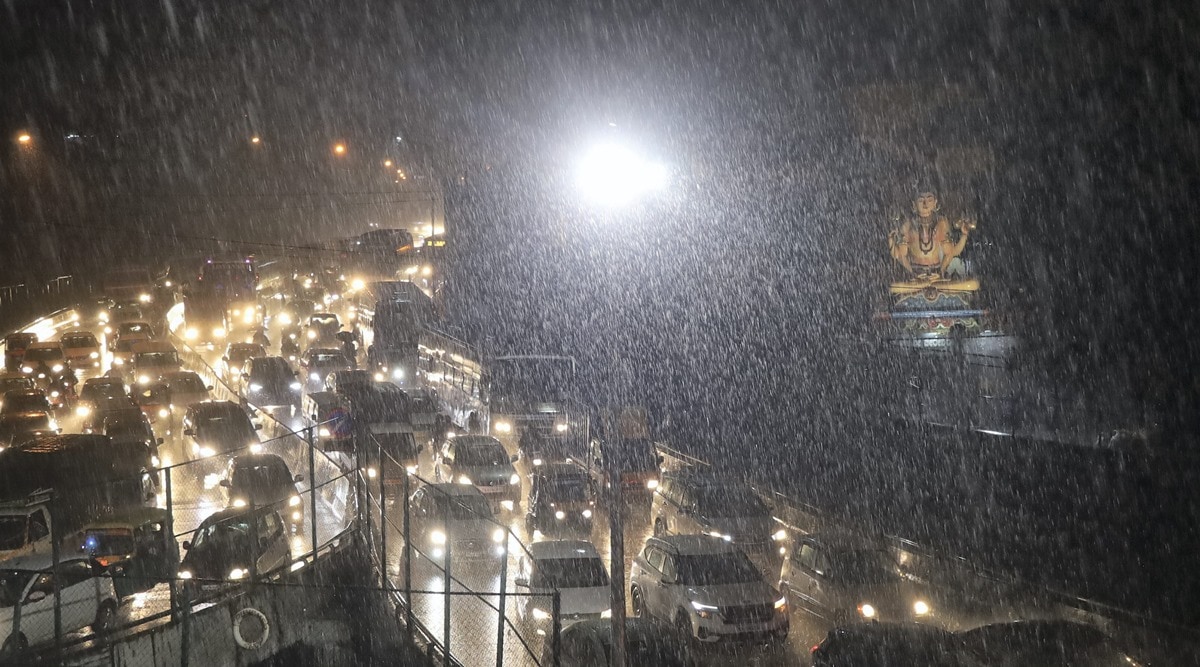 Traffic jam on the Mysuru Road due to heavy rains, in Bengaluru (PTI)