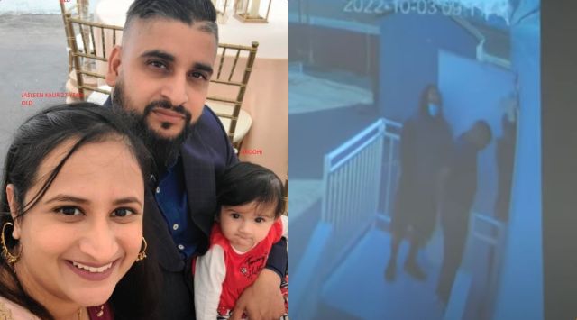 Left: Jasleen Kaur and Jasdeep Singh with their 8-month-old daughter Aroohi Dheri; CCTV footage shows a hooded, masked man kidnapping the family.
