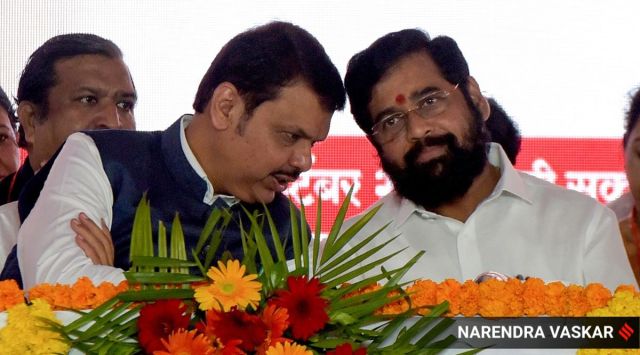 Maharashtra CM Eknath Shinde and Dy CM Devendra Fadnavis during 89th Birth Anniversary of Late Mathadi Leader Annasaheb Patil held at APMC Onion Potato Market, Vashi. (Express Photo/File)