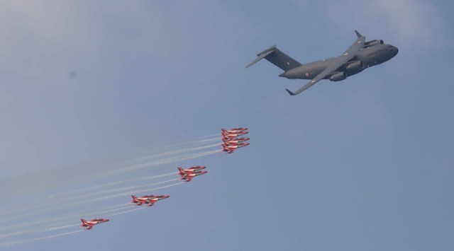 Aircraft perform over the Sukhna Lake, Chandigarh, during rehearsal for the 90th Air Force Day, on Thursday. (Express Photo by Kamleshwar Singh)