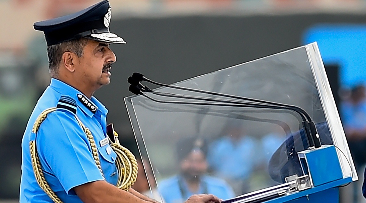 Indian Air Force (IAF) Chief V R Chaudhari addresses during 90th anniversary celebrations of IAF, at the Air Force Station in Chandigarh, Saturday, Oct 8, 2022. (PTI Photo)