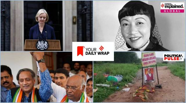 Clockwise from top left: Liz Truss; Anna May Wong; J P Nadda's 'grave'; Shashi Tharoor with Mallikarjun Kharge.