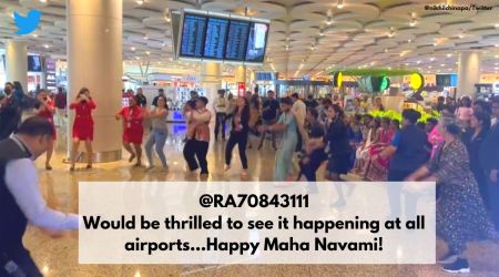 Impromptu Garba Bhopal airport, Impromptu Garba dance at Mumbai airport, airport Garba performance, viral video passengers and crew does Garba at airport, viral Navaratri dance video, Indian express