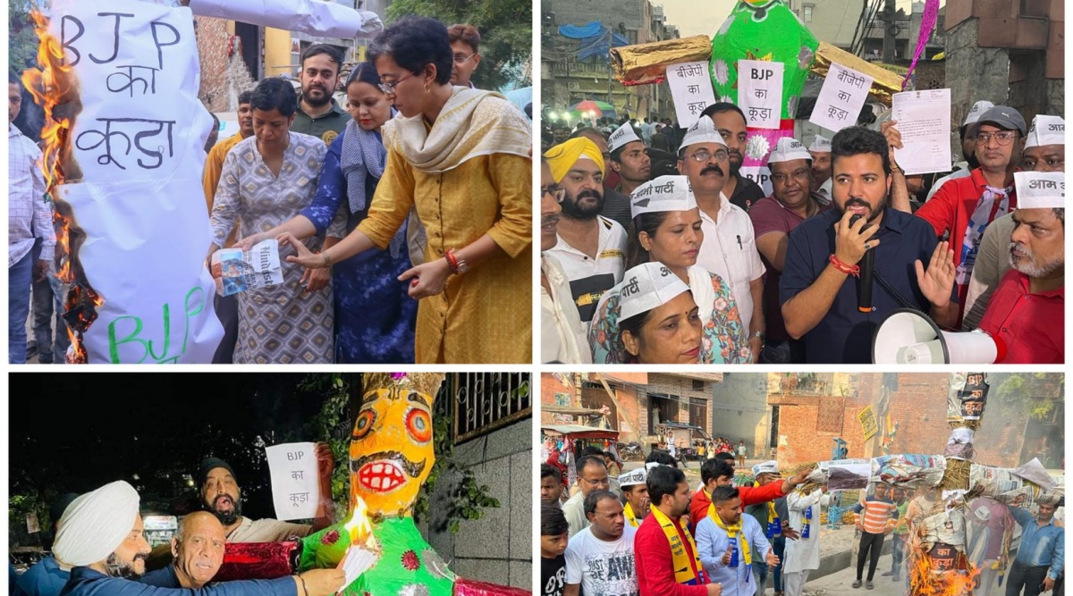 AAP leaders burning Ravan effigy made of garbage. (Express Photo)