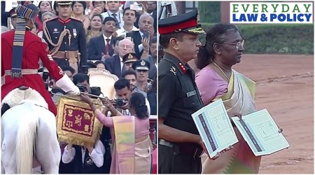 President Droupadi Murmu presents the Silver Trumpet and Trumpet Banner to the President's Bodyguard. (Twitter videograb/@rashtrapatibhvn)