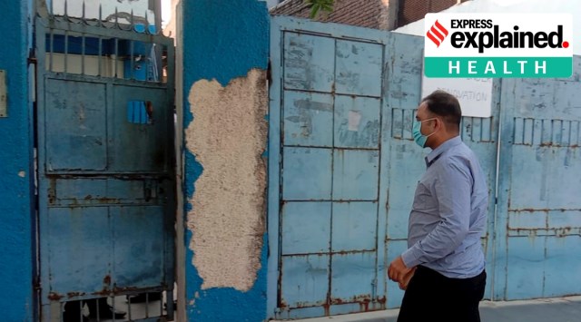 A health department official arrives at the Maiden Pharmaceuticals Ltd unit in Sonipat, Thursday, Oct. 6, 2022. (PTI Photo)