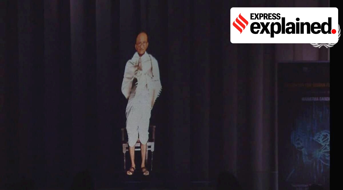 A hologram of Gandhi being projected.