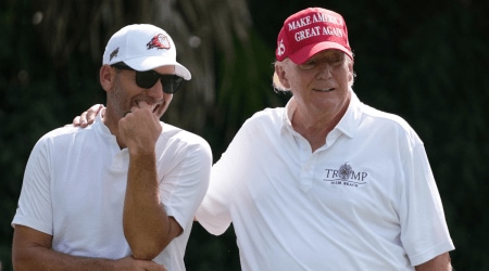 Sergio Garcia talks with Former President Donald Trump on the 11th hole during the Pro-Am tournament before the LIV Golf series at Trump National Doral. (Jasen Vinlove-USA TODAY Sports/Reuters