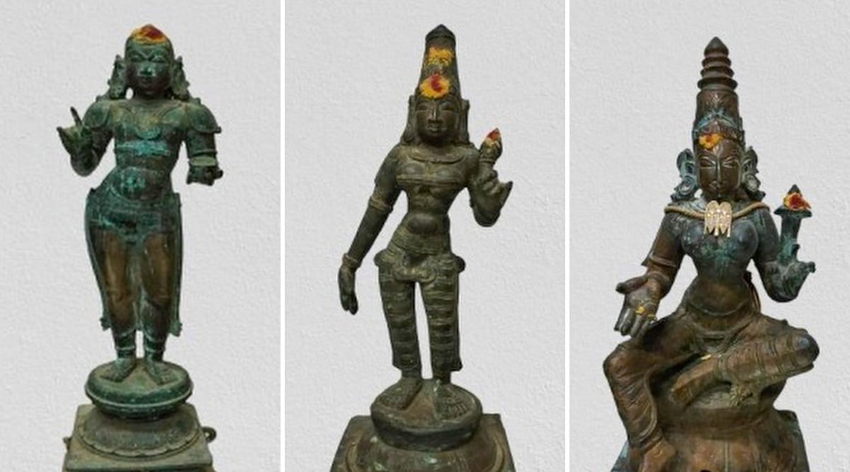  Bronze idols of Goddess Valli, Bhuvaneswari Amman and Thirugnana Sambanthar, that were concealed in an almirah at a temple in Nagapattinam were seized by Tamil Nadu Idol Wing CID on Thursday, Oct. 27, 2022. (PTI Photo)
