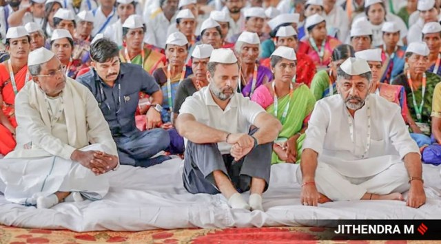 Dubbing the politics of the BJP-led Centre as one of 'himsa and asatya' (violence and falsehood), the Congress leader said that the yatra "will spread the message of ahimsa and swaraj (non-violence and self-governance)." (Express photo by Jithendra M)