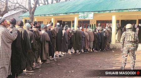 Voters at a polling station in Pahalgam. (Express Photo: Shuaib Masoodi/ File)