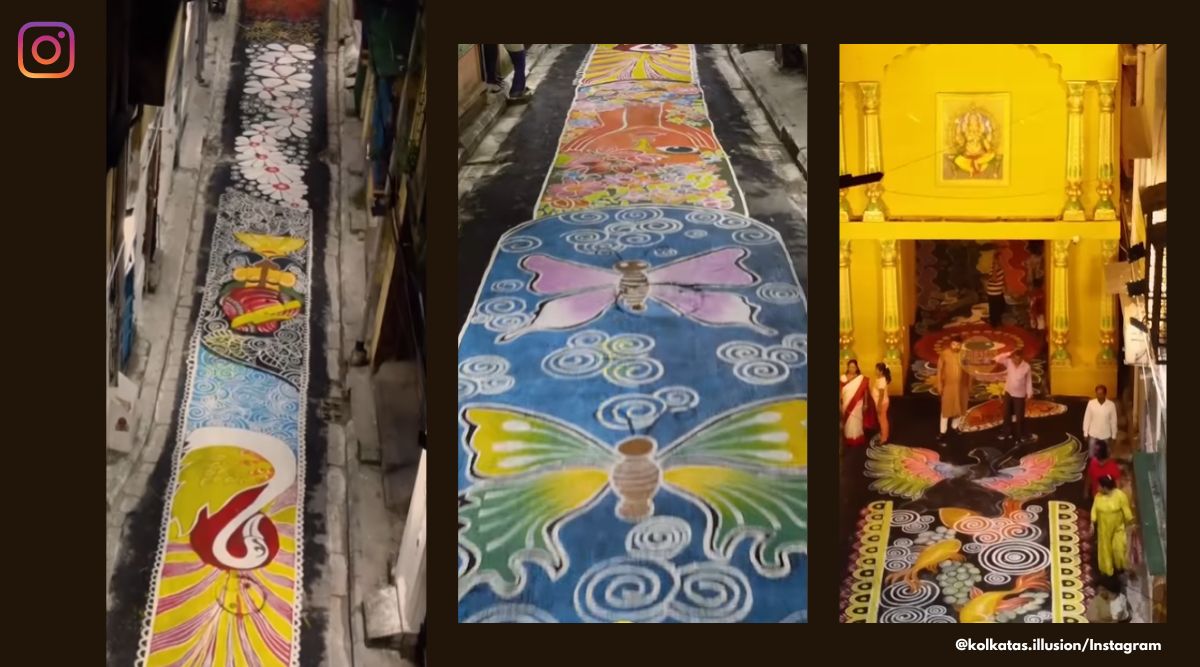 Street in Kolkata covered with rangoli for Kali Puja, Fatakesto Kali Puja rangoli, Kali Puja alpana, Kali Puja 2022, Fatakesto Kali Puja Kolkata, indian express