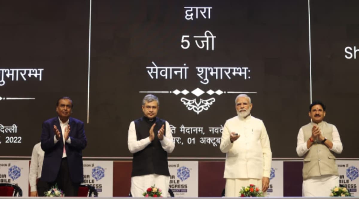 Prime Minister Narendra Modi launches 5G services with Telecom Minister Ashwini Vaishnaw and billionaires Mukesh Ambani of Reliance and MoS Devusinh Jesingbhai Chauhan. (Express photo by Praveen Khanna)