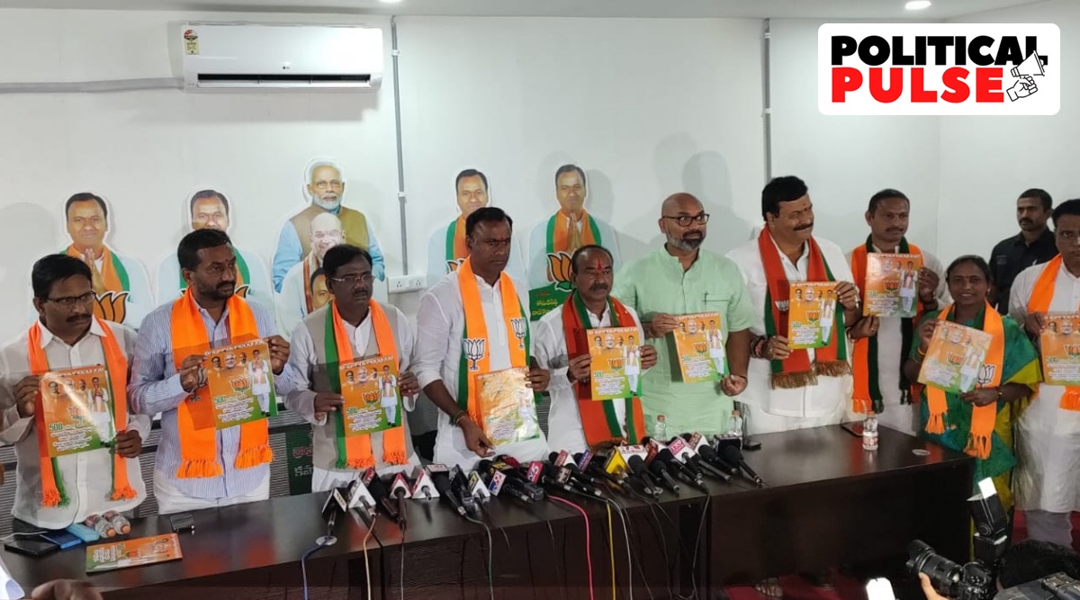 bjp-releases-manifesto-in-high-stakes-telangana-bypoll-catches-trs-cong-off-guard