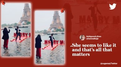 Man dances on Koi Mil Gaya during marriage proposal, Bollywood style marriage proposal, Viral proposal video, Desi proposal video, marriage proposal at Eiffel Tower, cringe wedding proposals, sweet wedding proposal video, indian express