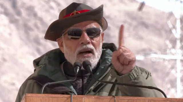 Prime Minister Narendra Modi addresses Indian Army personnel during Diwali festival celebrations, in Kargil district, Monday, Oct. 24, 2022. (PTI Photo)