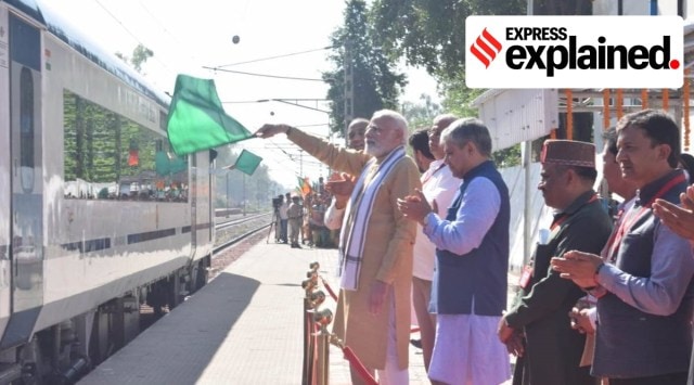 Prime Minister Narendra Modi flags off Vande Bharat Express train from Una, Thursday, Oct. 13, 2022. Railways Minister Ashwini Vaishnaw and Union Minister Anurag Thakur are also seen. (Express Photo)