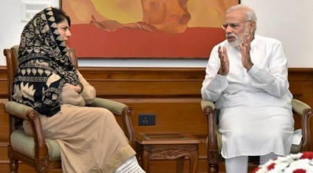 Prime Minister Narendra Modi with CM of Jammu and Kashmir Mehbooba Mufti at a meeting in New Delhi. PTI Photo