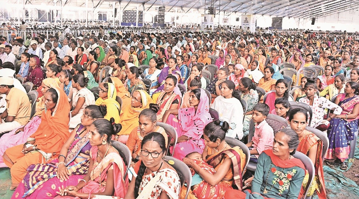 Crowd at PM Modi’s event in Tapi Thursday. (Express Photo)