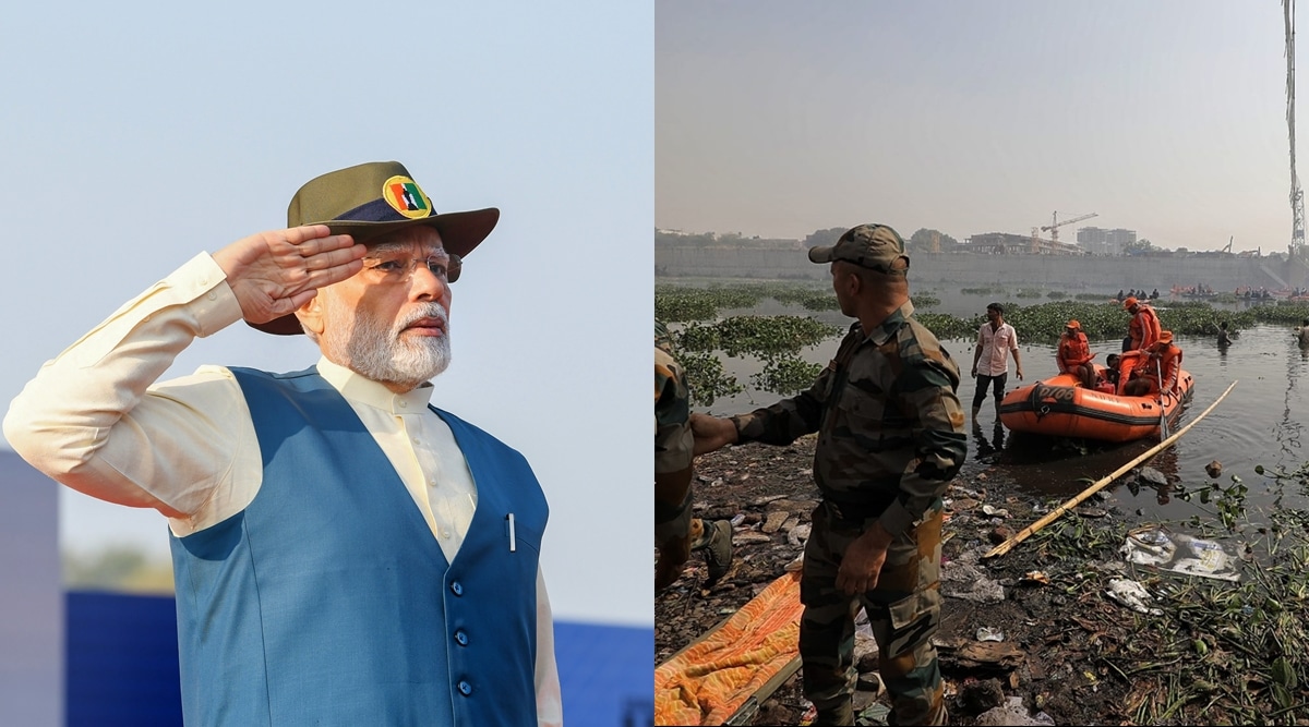 Prime Minister Narendra Modi in Gujarat's Kevadia (Left). Rescue operations underway at the Morbi bridge collapse site. (PTI/Express)