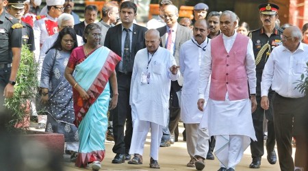President Droupadi Murmu, along with Gujarat Governor Acharya Devvrat and Chief Minister  Bhupendra Patel, at Gandhi Ashram in Sabarmati during her state visit. (Express Photo by Nirmal Harindran)