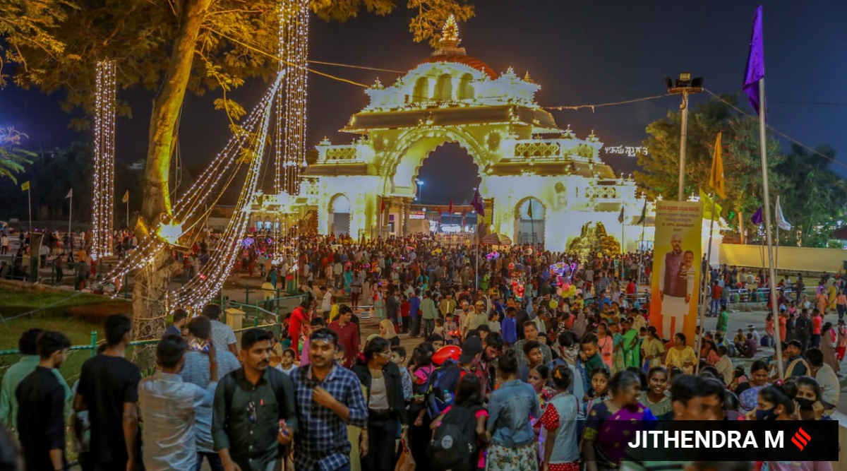 Crowd of devotees during the Dussehra procession in Mysuru. (Express Photo by Jithendra M)