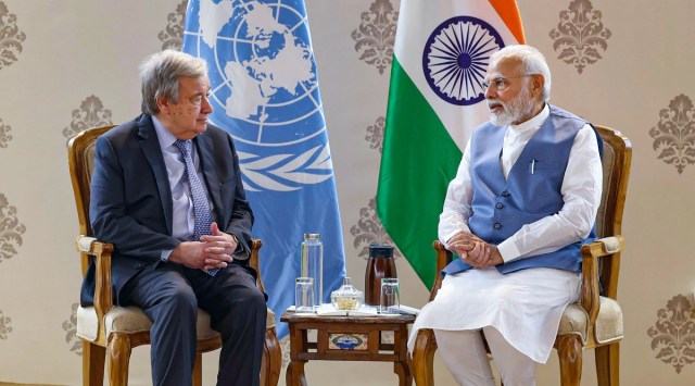 Prime Minister Narendra Modi with United Nation Secretary-General Antonio Guterres at the Statue of Unity, in Kevadia. (PTI Photo) 
