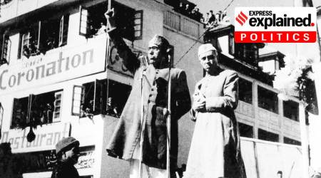Sheikh Mohammad Abdullah and Jawaharlal Nehru at Srinagar’s Lal Chowk in 1949. (Express Archive)