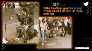 Busker sings Bollywood hits in London, people sing Kesariya in London, street singer performs Kesariya in London, Vish UK busker viral video, Bollywood song covers viral videos, indian express