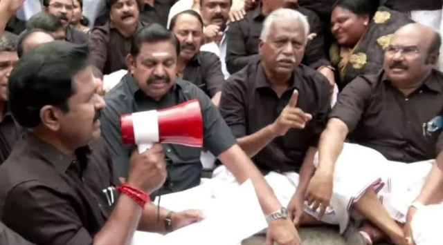 EPS with other AIADMK cadre wearing black during the protest (Photo credit: AIADMK)