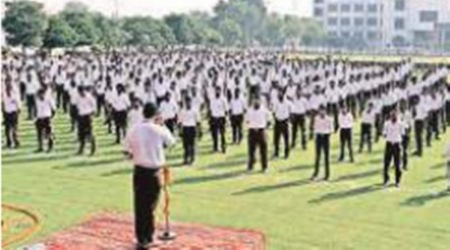 Students get ready to march during Vjayadashmi celebrations of RSS. (Express Photo)