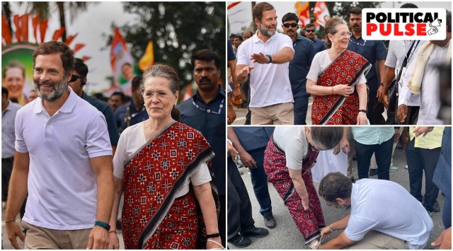 Sonia Gandhi along with Rahul Gandhi during Bharat Jodo Yatra in Karantaka. (PTI)