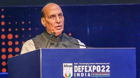Defence Minister Rajnath Singh speaks during the Def Expo-2022 Curtain Raiser event in Gandhinagar, Monday, Oct. 17, 2022. (PTI Photo)
