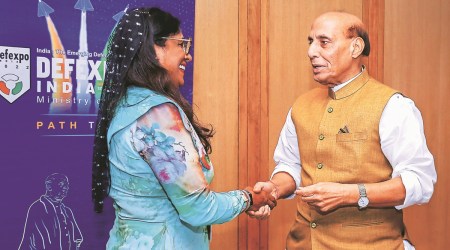 Defence Minister Rajnath Singh with his Maldives counterpart Mariya Ahmed Didi in Gandhinagar. (PTI)