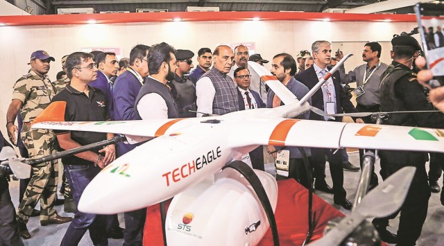 Union Defence Minister Rajnath Singh visits the TechEagle stall at the 12th DefExpo, in Gandhinagar.