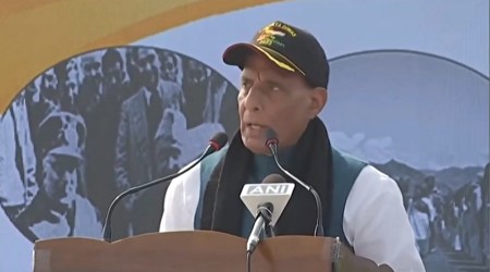 Defence Minister Rajnath Singh speaking at the Infantry Day event in Srinagar, Jammu and Kashmir. (Twitter/rajnathsingh)
