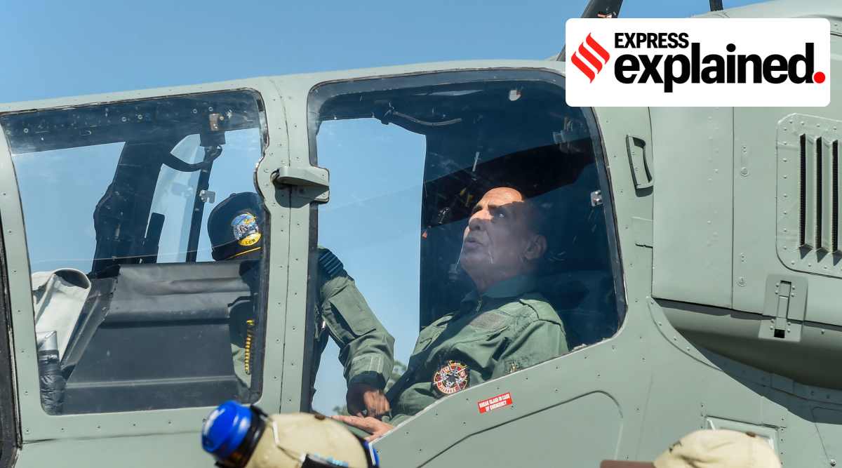 Union Defence Minister Rajnath Singh at a sortie in the newly inducted indigenously built Light Combat Helicopter (LCH) "Prachand", in Jodhpur, Monday, Oct. 3, 2022. (PTI Photo/Atul Yadav)  