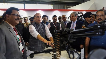 Defence Minister Rajnath Singh at DefExpo 2022 in Gandhinagar on Thursday. (PTI)