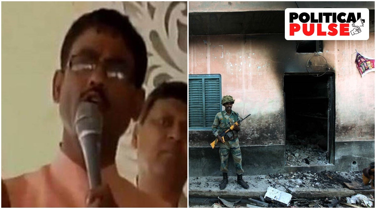 BJP MLA Vikram Saini (File); An Army personnel stands outside a house allegedly burnt by the members of Hindu community during the riots at Kathuba village, in Muzaffarnagar district. (Express)