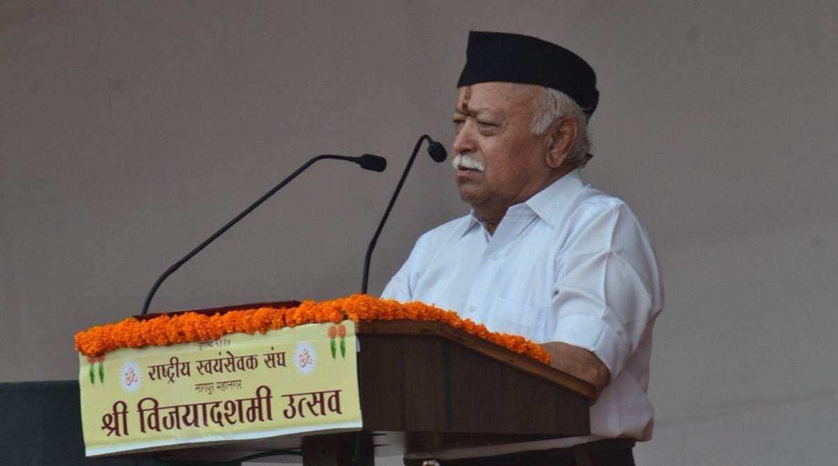 RSS chief Mohan Bhagwat addresses the Dussehra rally in Nagpur on Wednesday (Twitter/RSS)