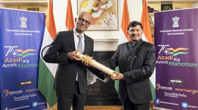 Microsoft CEO Satya Nadella receives the Padma Bhushan, the third-highest civilian award for distinguished service, from India's Consul General in San Francisco, Dr T V Nagendra Prasad, last week. (PTI)