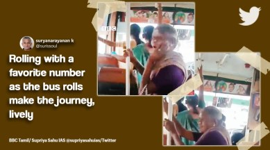 senior woman dances to MGR song, senior woman dances in bus, woman dances in Tamil Nadu bus, indian express