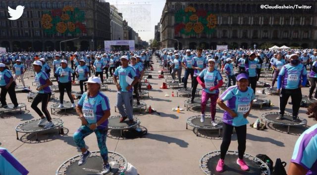 Mexico hosts largest fitness trampoline class in the world, 3,935 people Mexico take part in the trampoline class, world’s largest trampoline class held in Mexico City, Guinness World Record largest fitness trampoline class, Claudia Sheinbaum, indian express