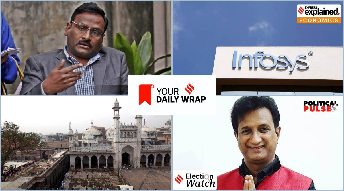 Clockwise from top left: Delhi University professor GN Saibaba; Infosys; Imran Khedawala, Congress MLA from Jamalpur-Khedia constituency in Gujarat; Gyanvapi mosque