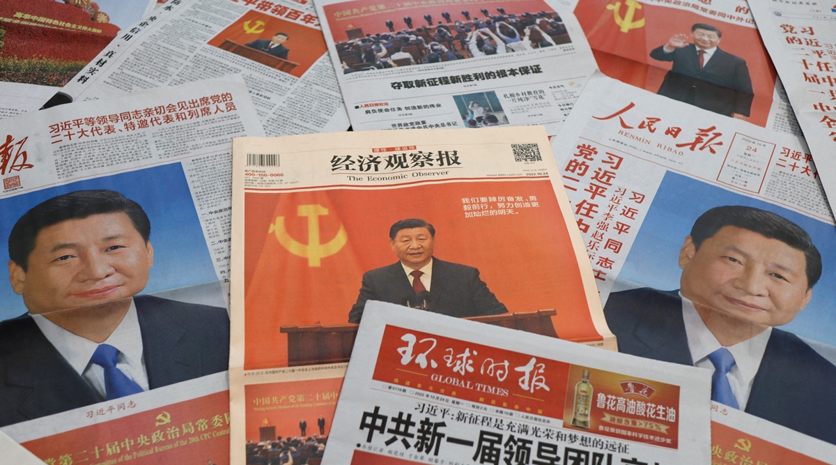 Newspaper reports on the new Politburo Standing Committee led by Chinese President Xi Jinping, following the 20th National Congress of the Communist Party of China, are seen in this illustration picture taken Oct. 24, 2022. (Reuters)